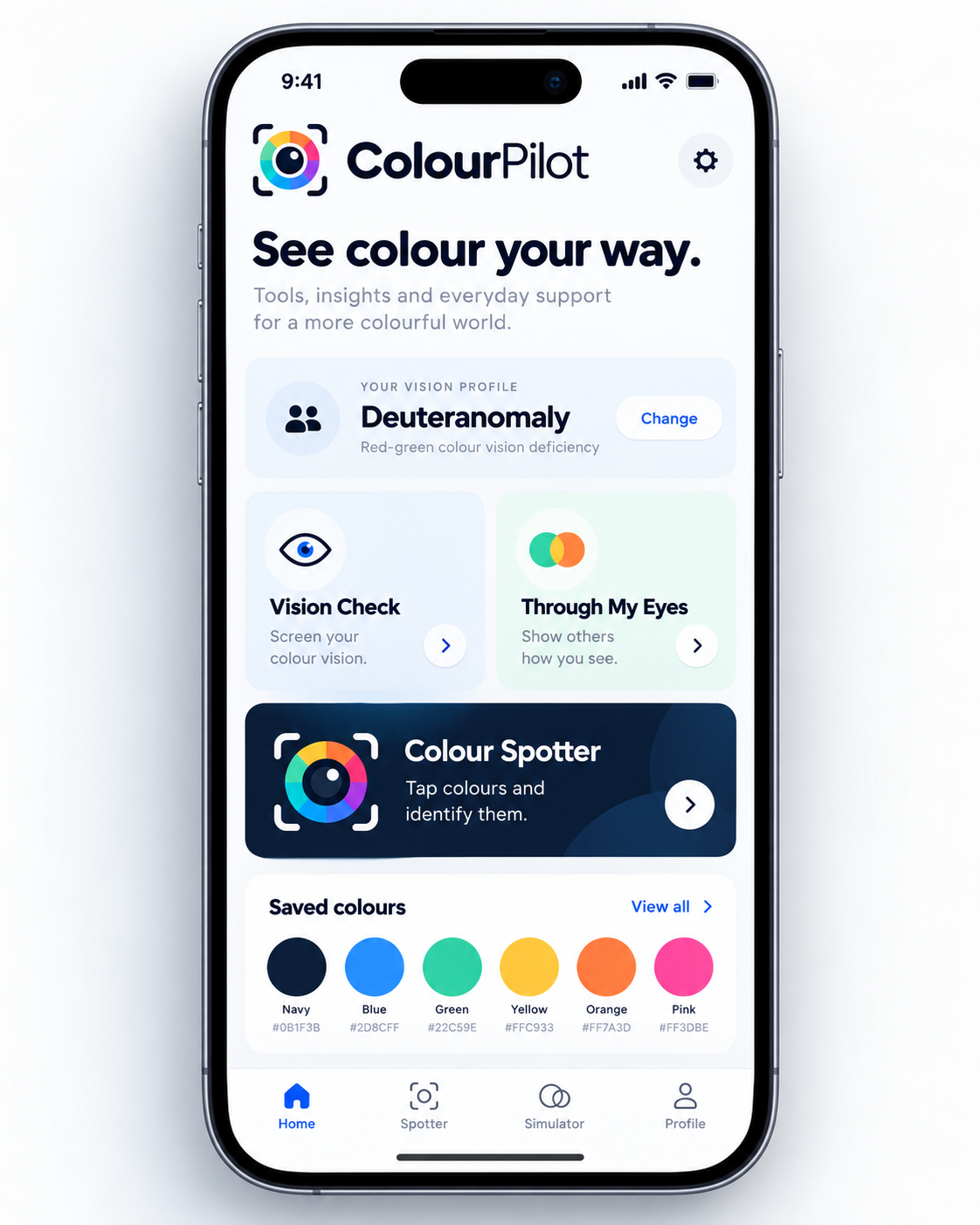 ColourPilot app home screen preview showing Vision Check, Through My Eyes and Colour Spotter